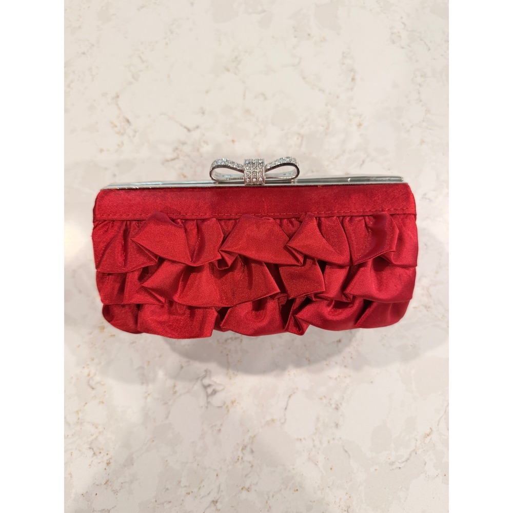 Expressions NYC Red Satin Ruffle Clutch Rhinestone Bow Clasp Evening Bag Vintage